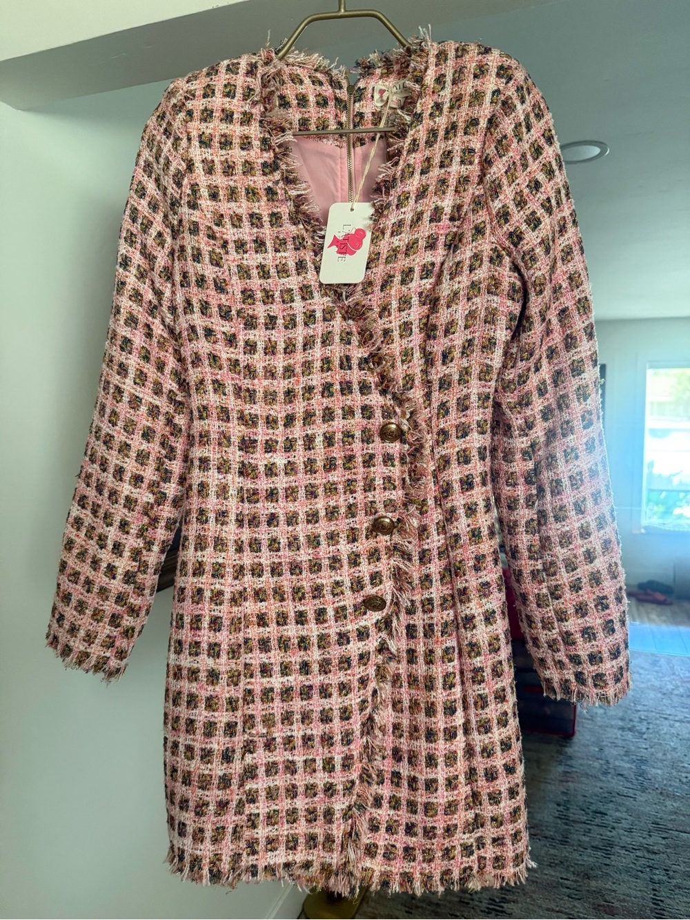 L'ATISTE Pink Multicolor Tweed Mini Dress with Fringe Trim